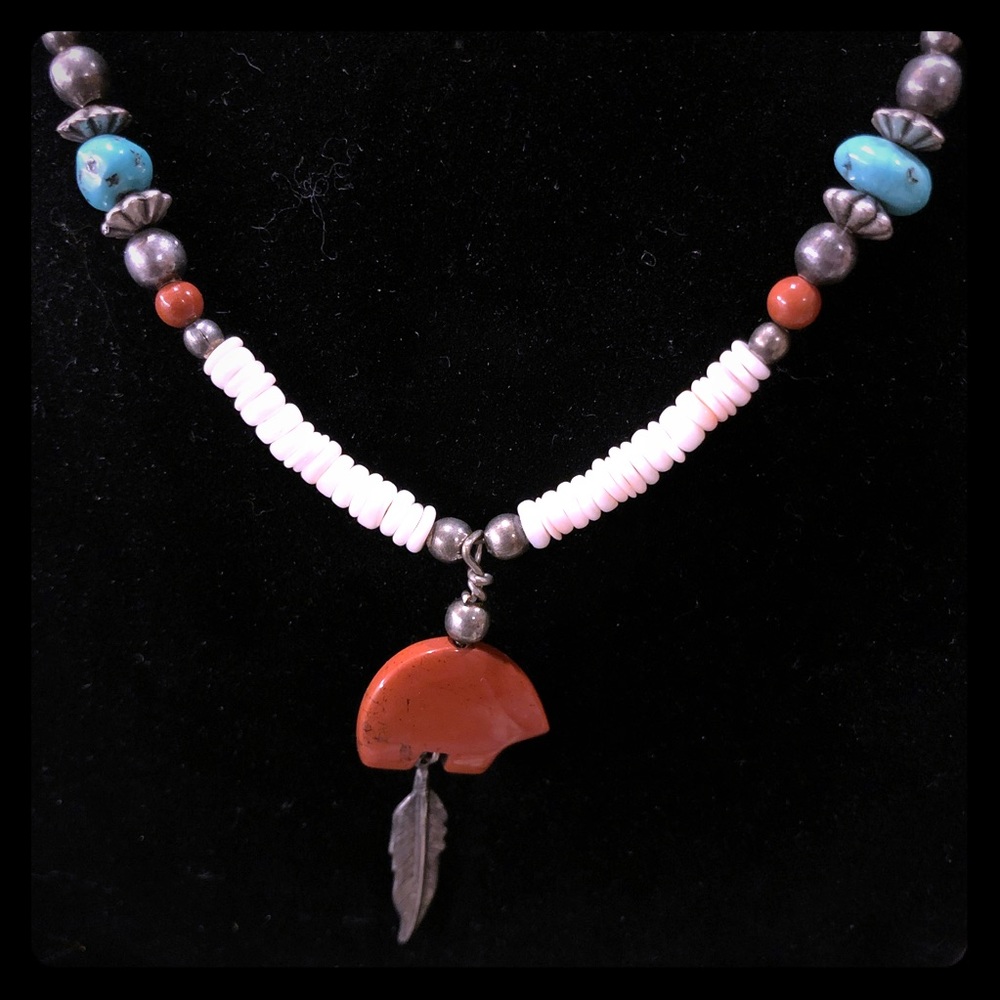 Jasper Bear Pendant Turquoise Heishi Bead Necklace